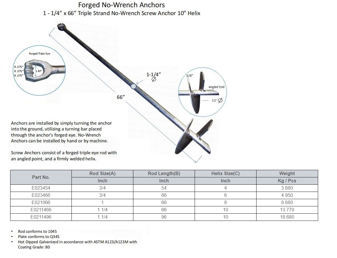 Forged No Wrench Anchors 1-1/4''x 66 '' Triple Stand No Wrench Screw Anchor 10'' Helix Forged No Wrench Anchors 1-1/4''x 66 '' Triple Stand No Wrench Screw Anchor 10'' Helix