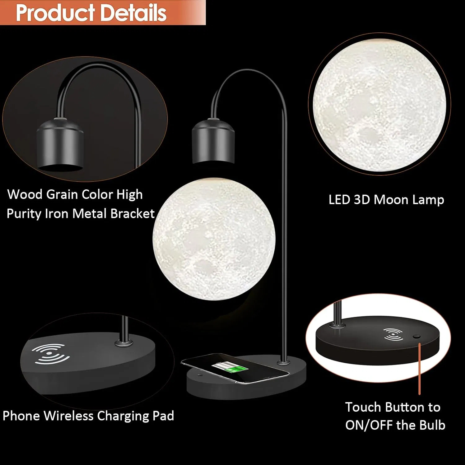 Moon Lamp with Magnetic Levitation and Wireless Charging Moon Lamp with Magnetic Levitation and Wireless Charging