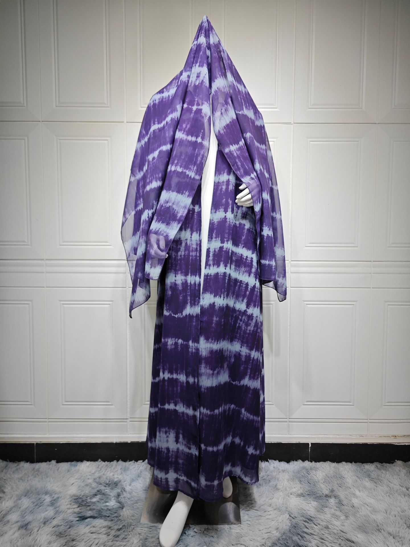 Purple Tie-Dye Open Abaya Matching Hijab Set MQ269 (12) Purple Tie-Dye Open Abaya Matching Hijab Set MQ269 (12)