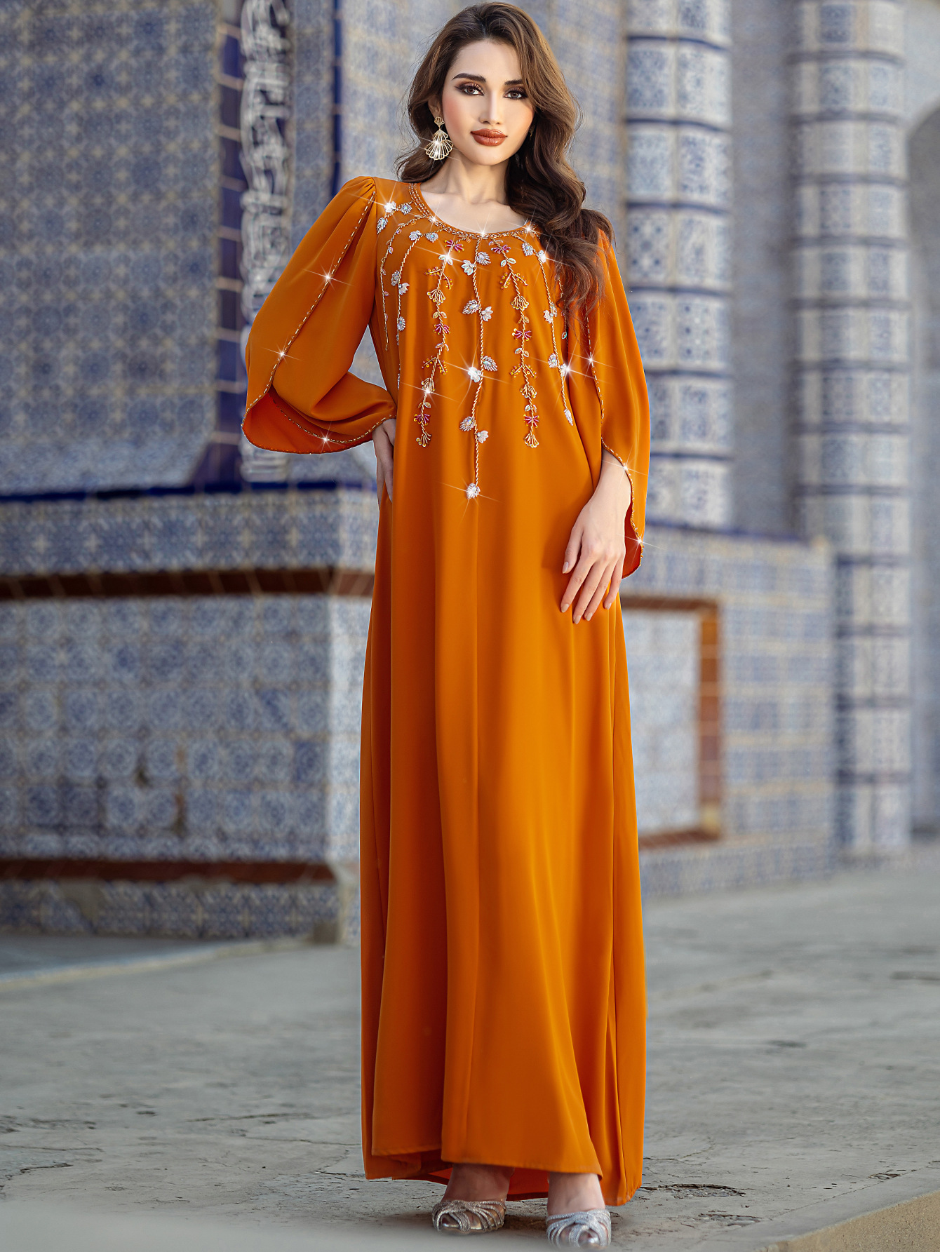 Hand Beaded Orange Linen Abaya Dress Detail Hand Beaded Orange Linen Abaya Dress Detail