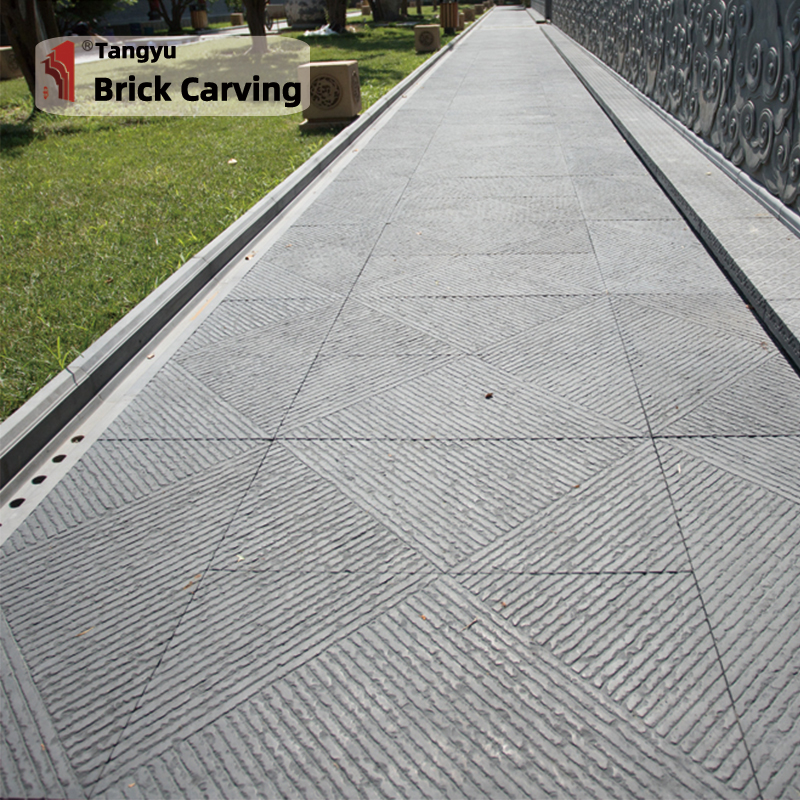Stone floor tiles with engraved diagonal stripes Stone floor tiles with engraved diagonal stripes