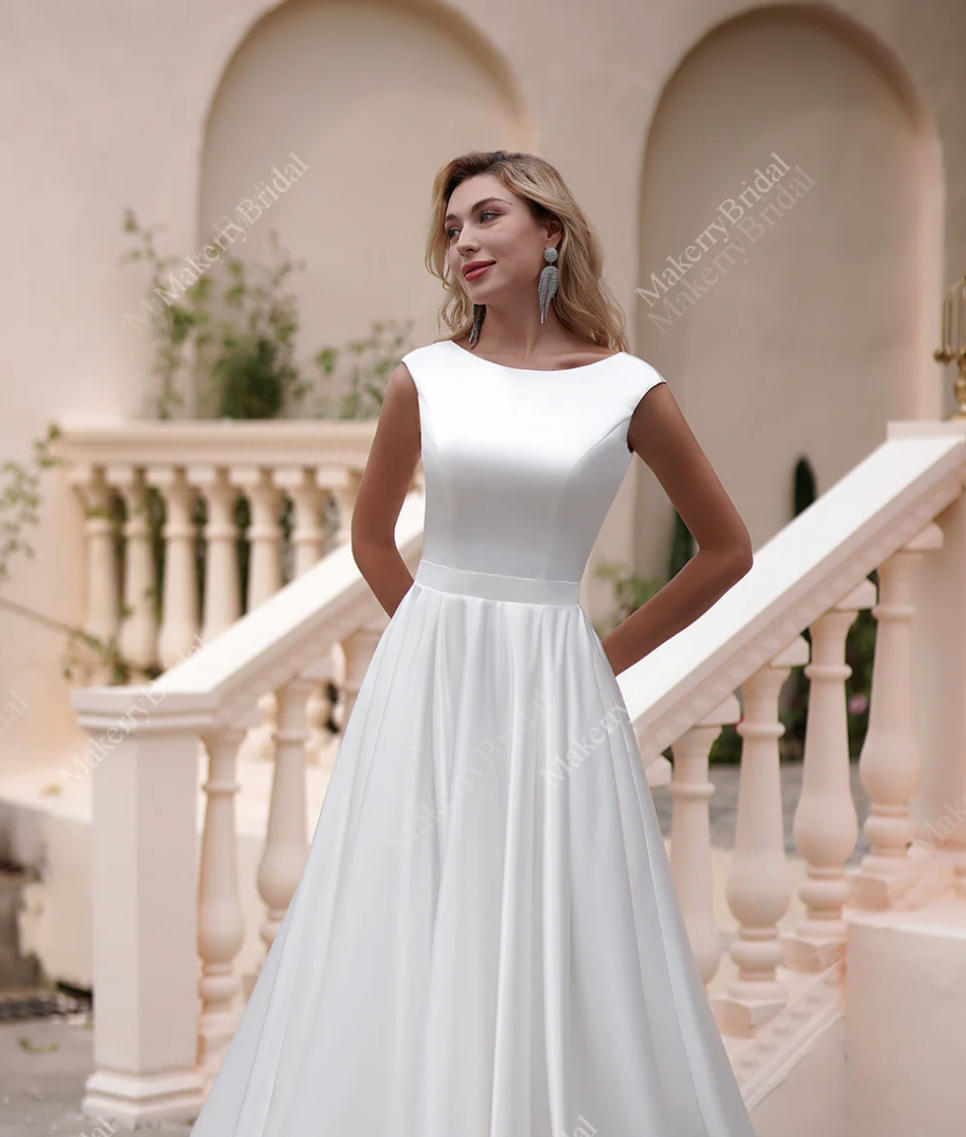 Simple Long Satin A-Line Wedding Dresses With Pockets Simple Long Satin A-Line Wedding Dresses With Pockets