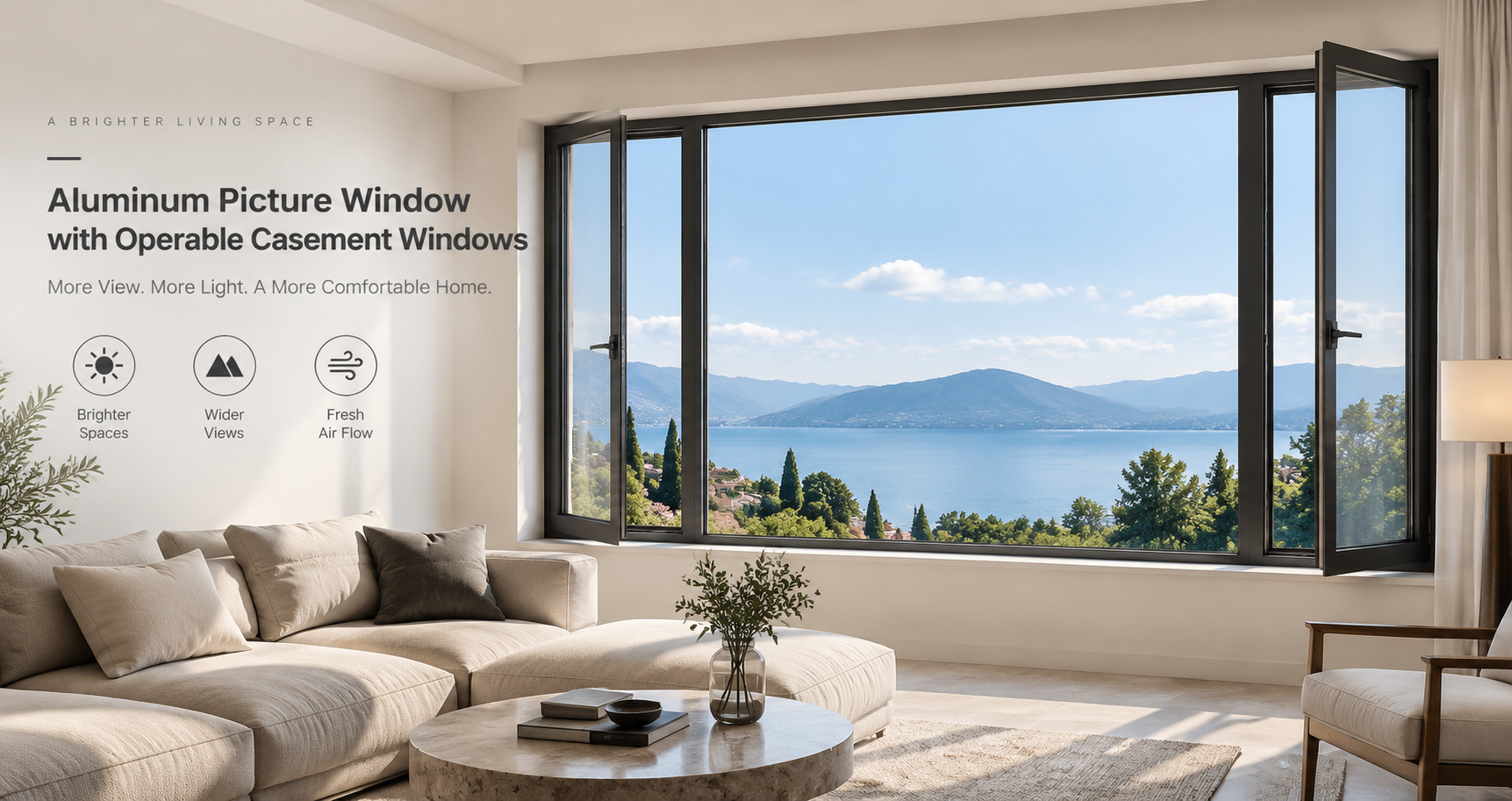 Aluminum picture window with operable casement windows in modern home