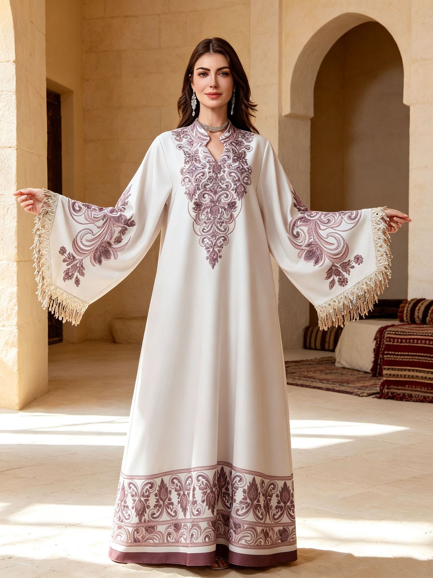 Printed Abaya Dress with Crystal Embellishment and Tassel Detail Printed Abaya Dress with Crystal Embellishment and Tassel Detail