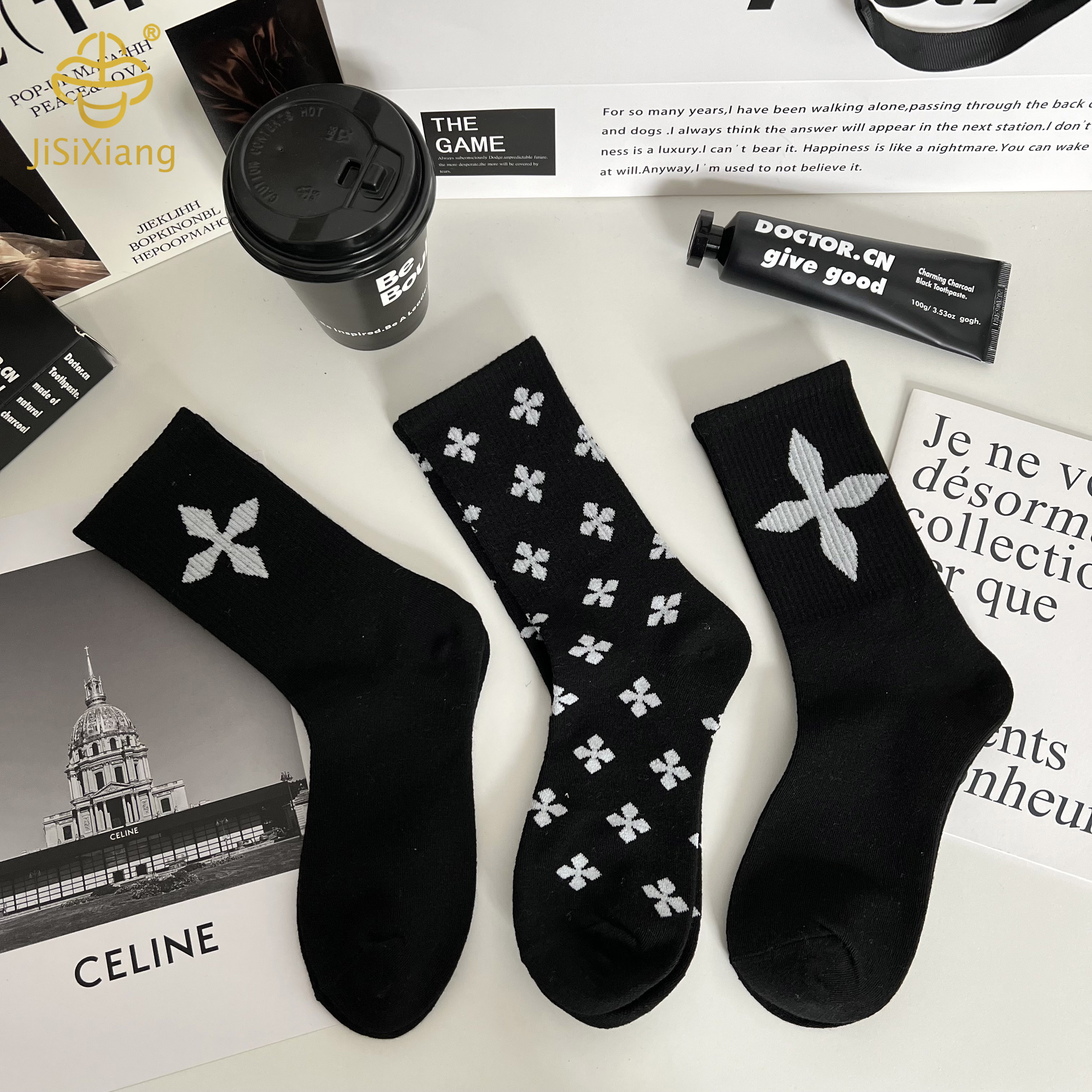 European and American black cross long sock European and American black cross long sock