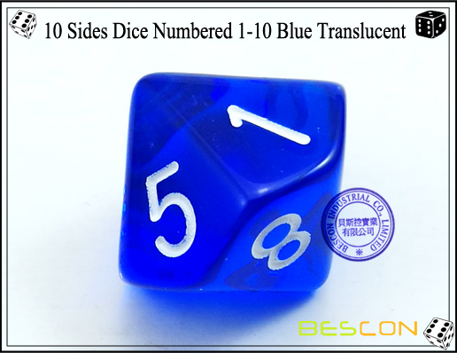 10 боковых кубиков, пронумерованных 1-10 синих полупрозрачных-4 10 Sides Dice Numbered 1-10 Blue Translucent-4