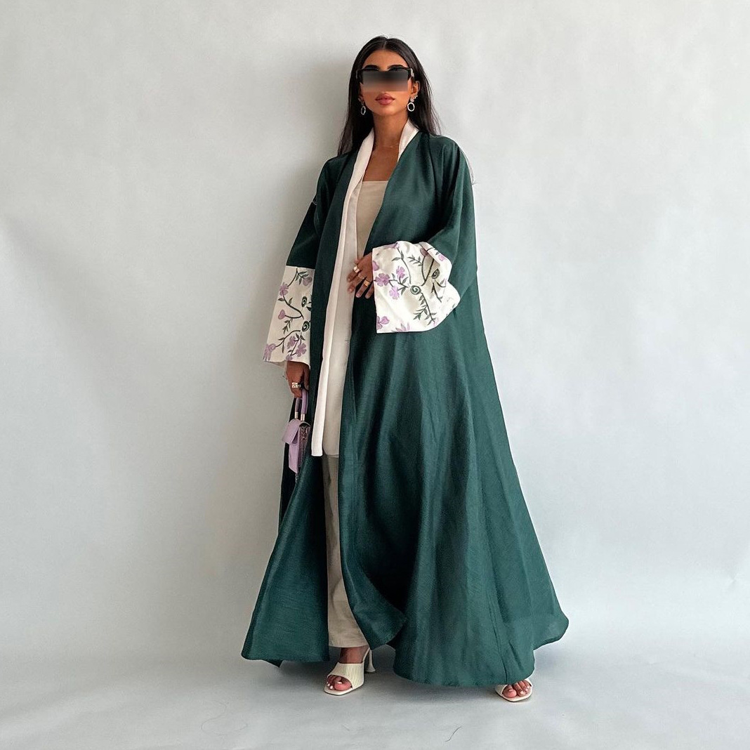 Floral Embroidered Open Abaya Cardigan (1) Wide Sleeve Floral Embroidery Open Abaya Cardigan