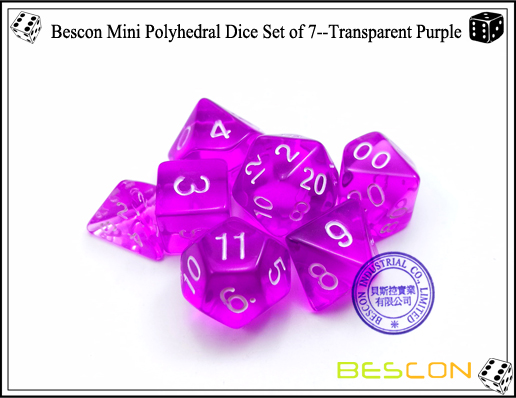 Juego de dados Bescon Mini Polyhedral de 7 - Transparente Purple-6 Bescon Mini Polyhedral Dice Set of 7--Transparent Purple-6