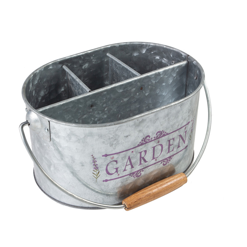 Galvanized Caddy WIth Wooden Handle