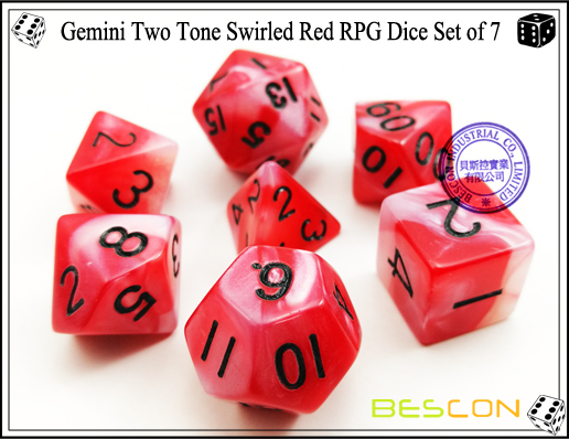 Gemini Two Tone Swirled Red RPG Dice Set of 7-3 Gemini Two Tone Swirled Red RPG Dice Set of 7-3
