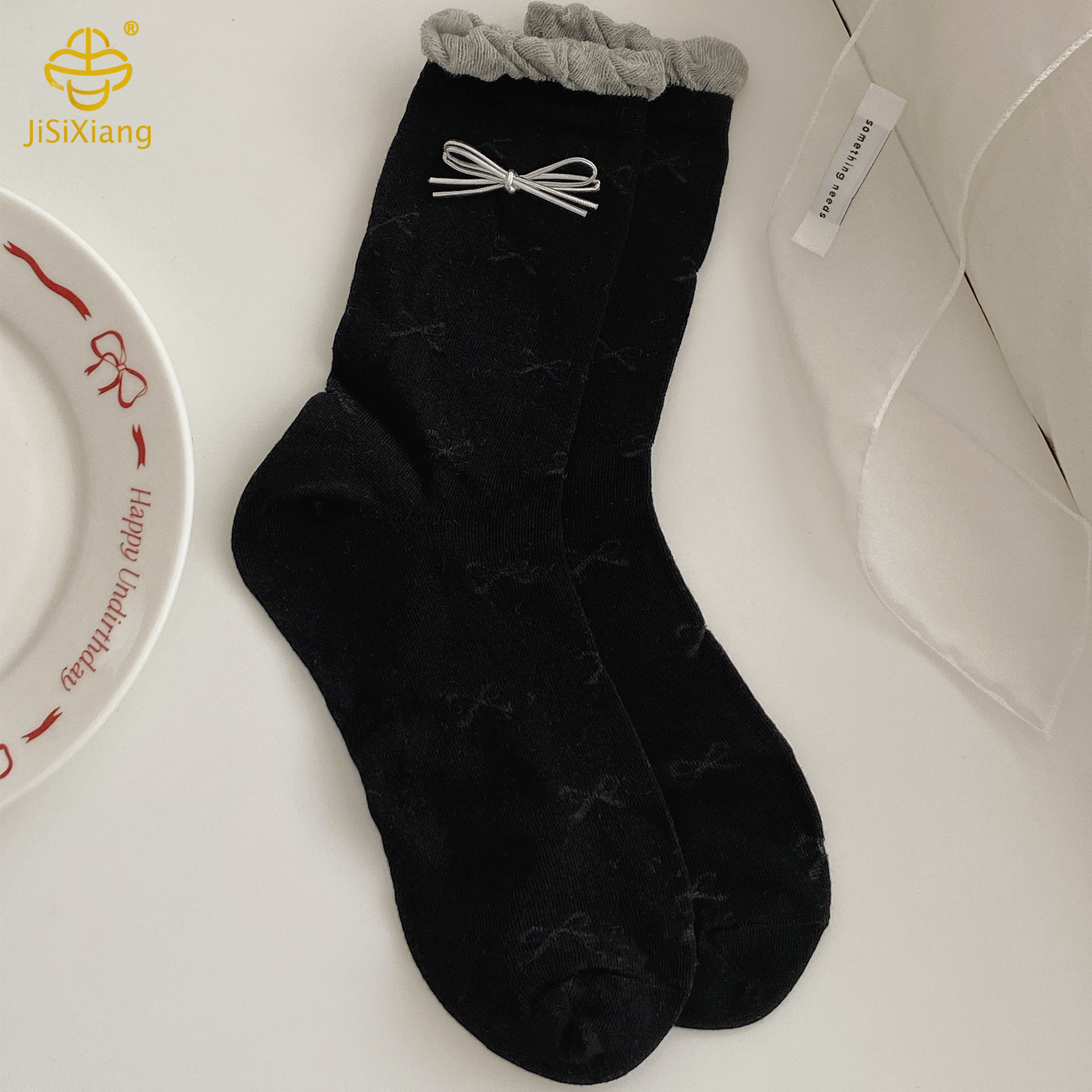 Black bow mid-tube socks Black bow mid-tube socks
