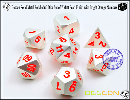 Bescon Solid Metall Polyhedral Würfel Set von 7 Matt Pearl Finish mit Bright Orange Numbers-2 Bescon Solid Metal Polyhedral Dice Set of 7 Matt Pearl Finish with Bright Orange Numbers-2