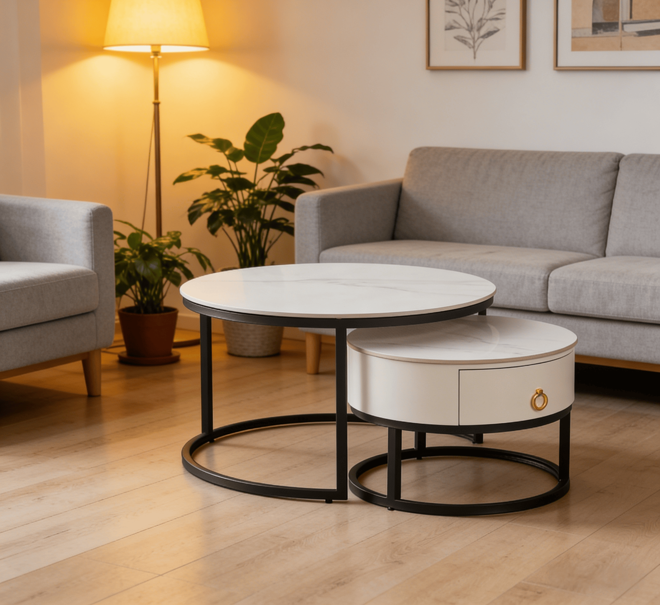 BR-24NC03 Round White Marble Nesting Coffee Tables with Drawer & Gold Handle, Space-Saving for Small Living Room BR-24NC03 Round White Marble Nesting Coffee Tables with Drawer & Gold Handle, Space-Saving for Small Living Room