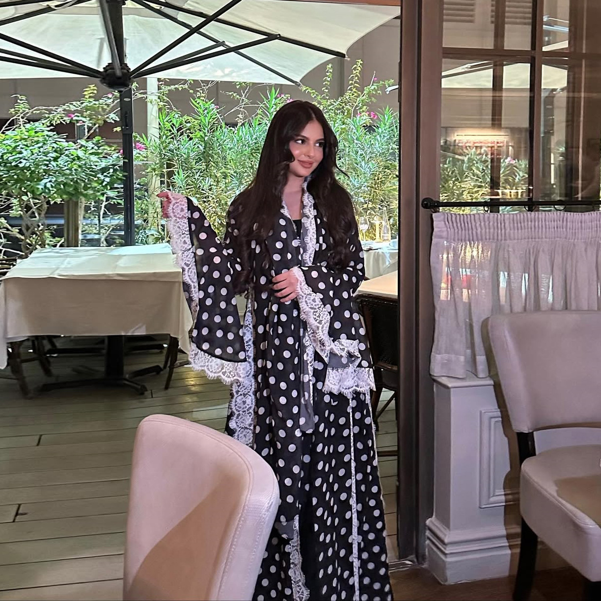 Black Polka Dot Lace Trim Open Abaya Set with Matching Headscarf for Women Modest Kaftan Style Evening Wear for Eid and Special (9) Black Polka Dot Lace Trim Open Abaya Set with Matching Headscarf for Women Modest Kaftan Style Evening Wear for Eid and Special (9)