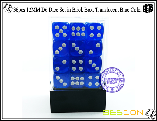 36pcs 12MM D6 Dice Set dans Brique Box, Translucent Blue Color-2 36pcs 12MM D6 Dice Set in Brick Box, Translucent Blue Color-2