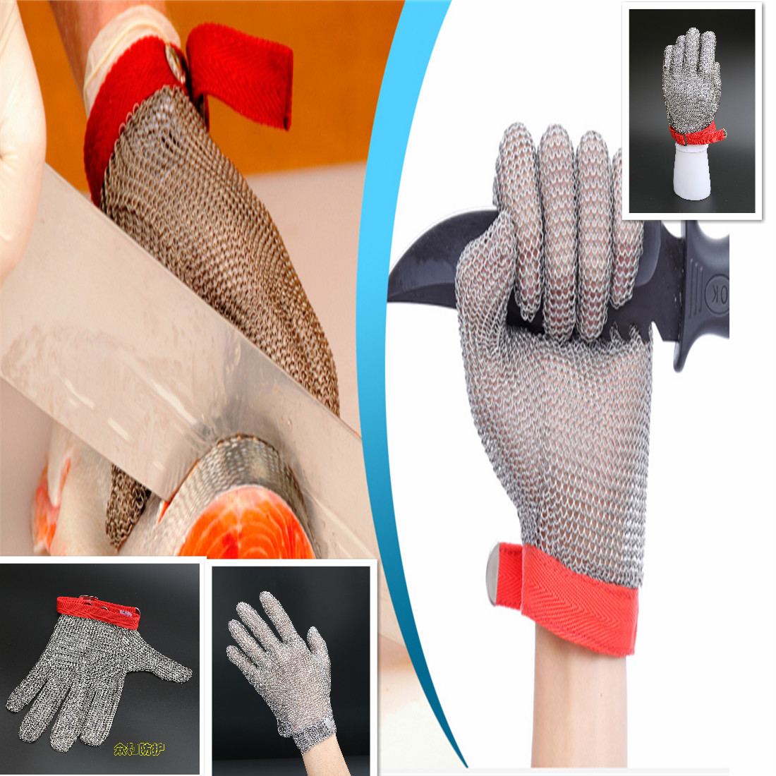 Luvas de segurança de malha de aço inoxidável Dubetter com alça de gancho Dubetter Stainless steel mesh safety gloves with hook strap