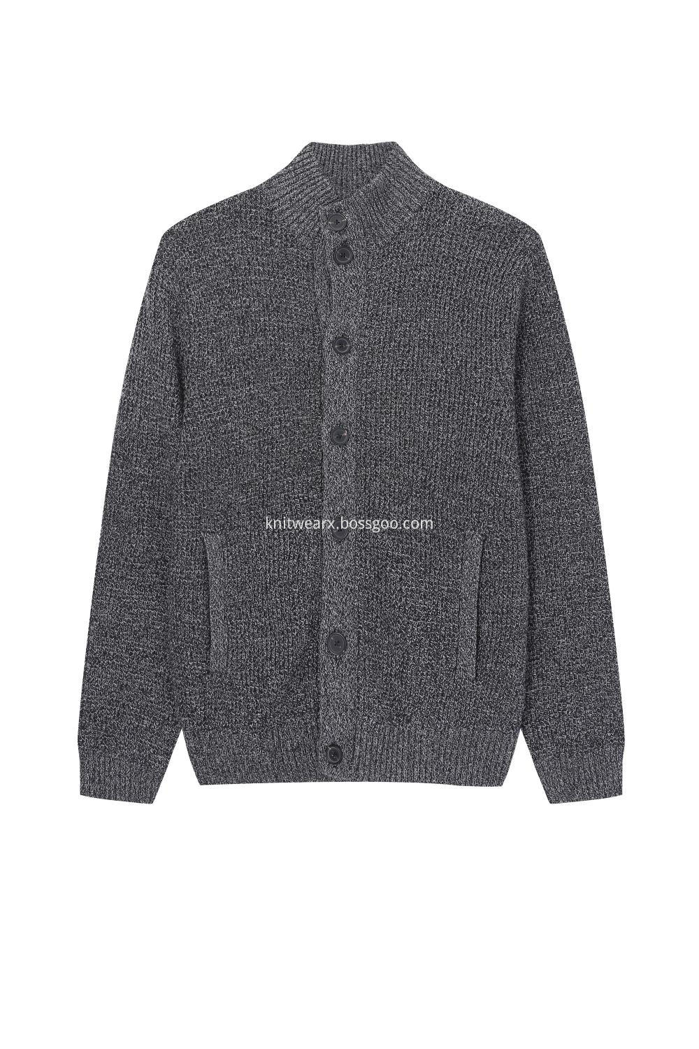 Men's Knitted Stand Collar Textured Buttoned Pocket Cardigan