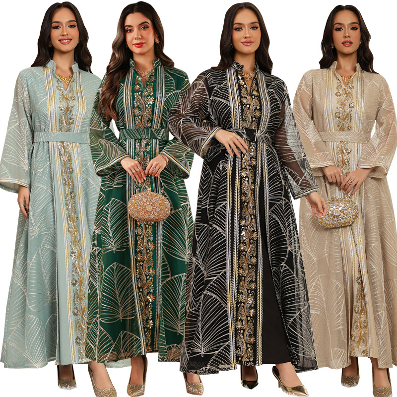 Beaded Abaya Dress with Belt and Mesh Applique (2) Beaded Abaya Dress with Belt and Mesh Applique Detail