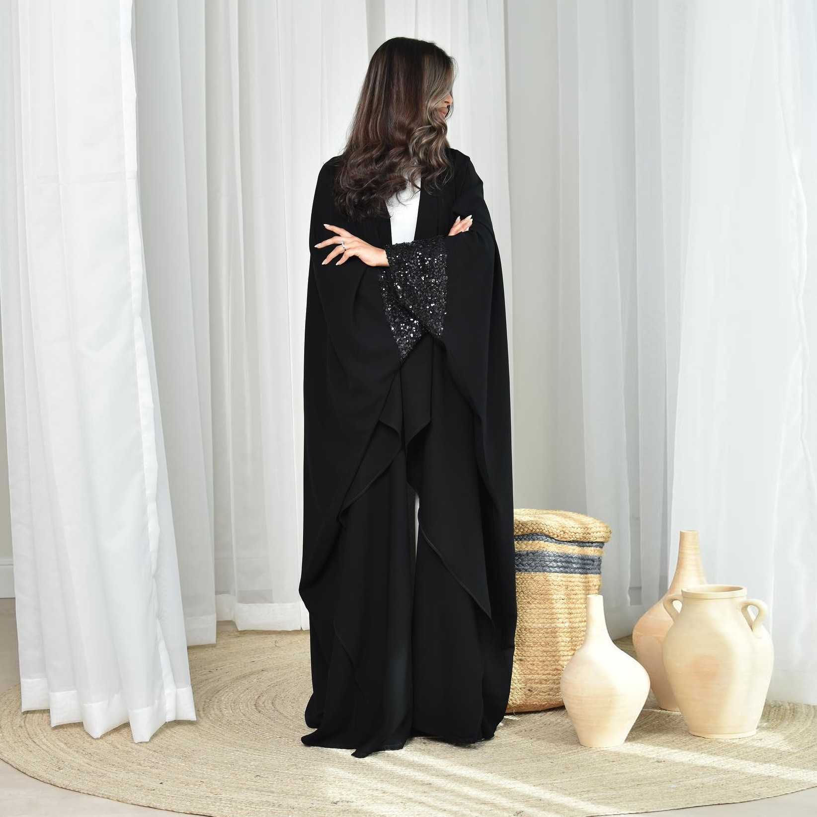Black Beaded Sleeve Open Abaya (13) Black Beaded Sleeve Open Abaya