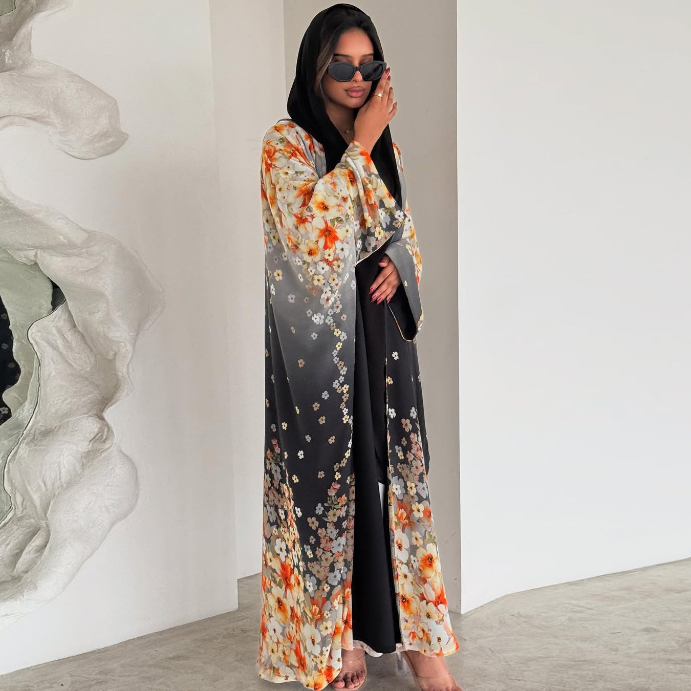Summer Floral Print Open Abaya Dress (4) Women's Casual Floral Printed Modest Open Abaya Outerwear