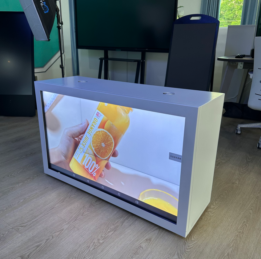 High-transparency LCD display panel for clear physical product visibility and digital overlays