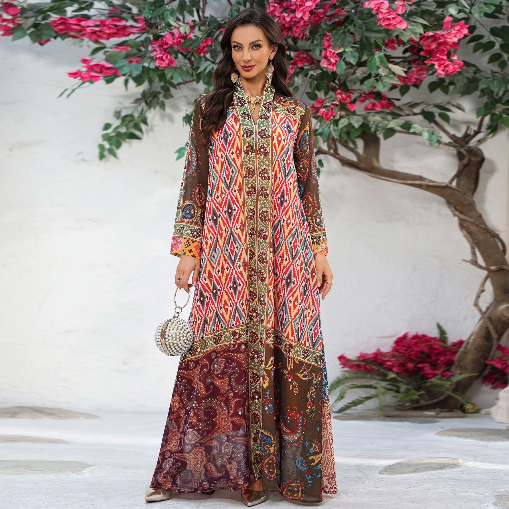 Printed Chiffon Maxi Dress Abaya Detail Printed Chiffon Maxi Dress Abaya Detail