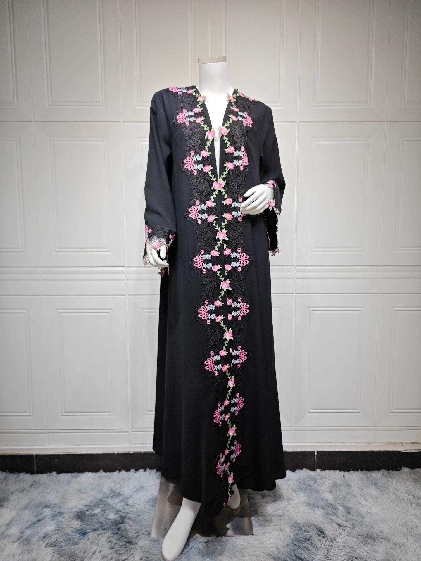 Floral Embroidered Lace Open Front Abaya Floral Embroidered Lace Open Front Abaya