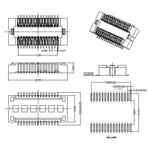 Conector de placa a placa de 0.5mm, fêmea 30PIN sem pinos de fixação Tipo de mola, acoplamento Altura = 2.0mm 0.5mm Board to Board connector, 30PIN Female without locating pegs Spring type, mating Height=2.0mm