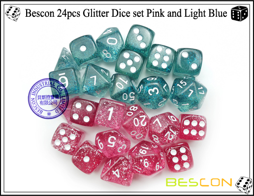 Bescon 24pcs Glitter Dice set Pink and Light Blue-5 Bescon 24pcs Glitter Dice set Pink and Light Blue-5