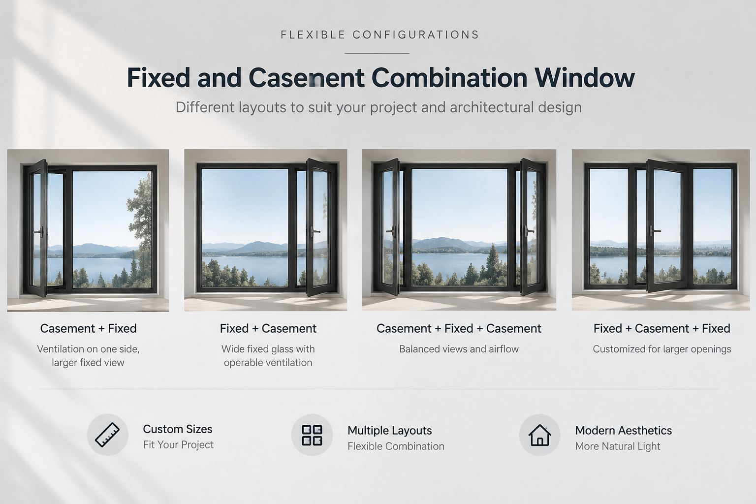 Fixed and casement combination window configuration options