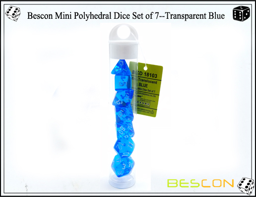 Lot de 7 dés polyédriques Bescon Mini - Bleu transparent-7 Bescon Mini Polyhedral Dice Set of 7--Transparent Blue-7