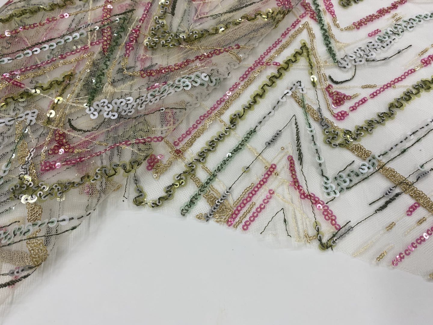 Fresh Transparent Sequins Embroidery On Poly Mesh