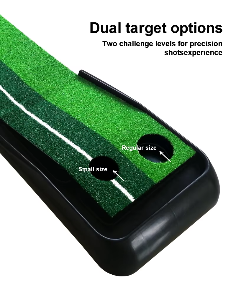 Custom Logo Plastic Golf Putting Green Mat with Auto Ball Return System 2 Holes Golf Practice Trainer3 Custom Logo Plastic Golf Putting Green Mat with Auto Ball Return System 2 Holes Golf Practice Trainer3