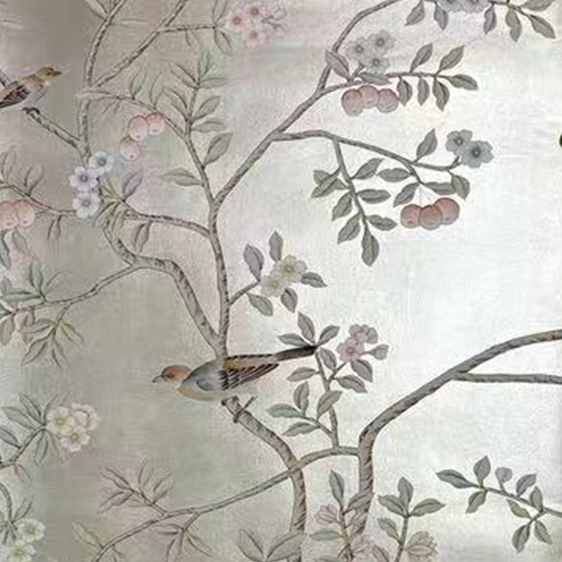Flower and bird Silver-gray hand-painted wallpaper Flower and bird Silver-gray hand-painted wallpaper