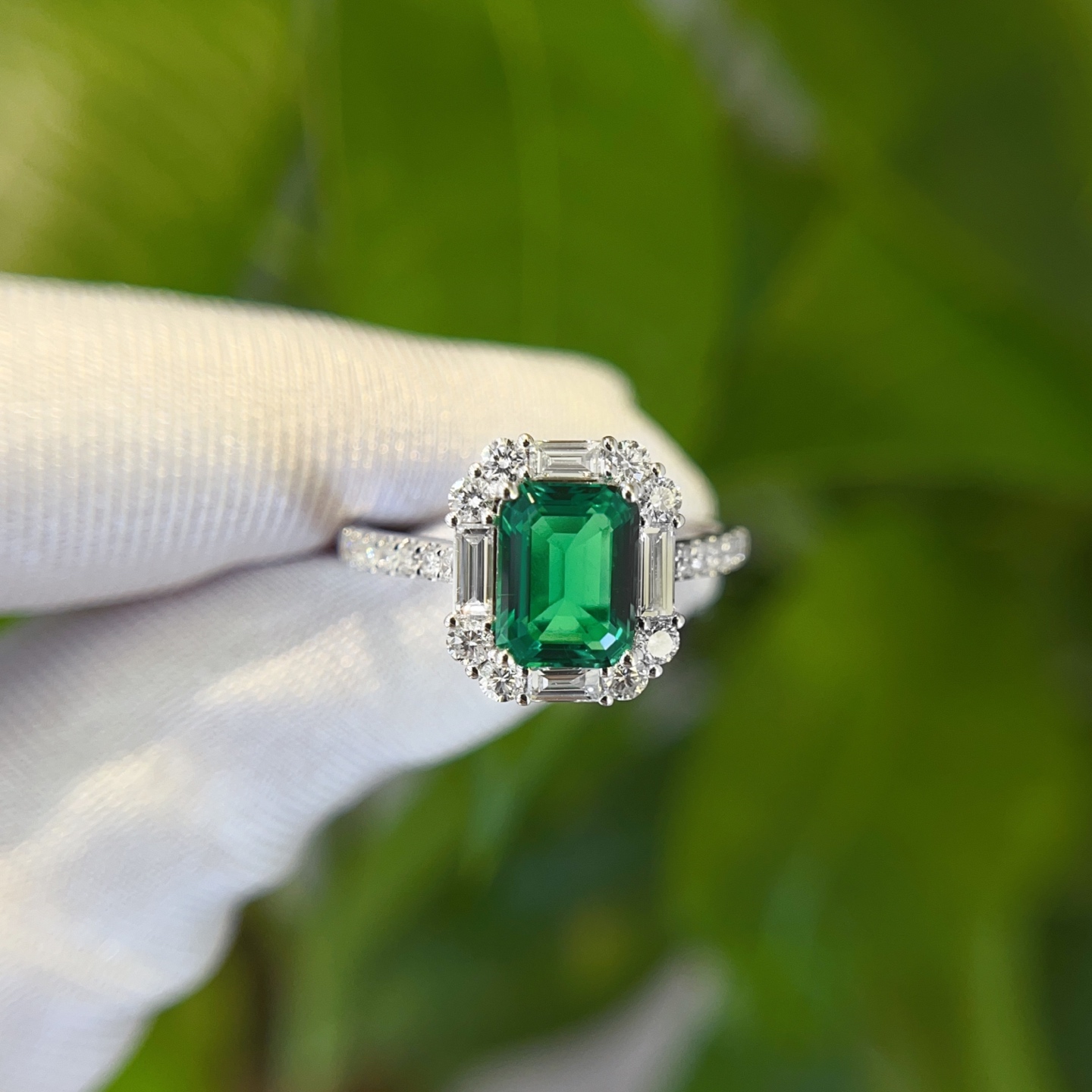 Macro Detail of Emerald Cut Lab-Grown Diamond Halo Ring Setting in 18K Gold