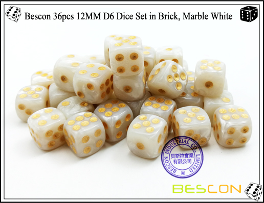 Juego de dados Bescon 36pcs 12MM D6 en ladrillo, mármol blanco-5 Bescon 36pcs 12MM D6 Dice Set in Brick, Marble White-5