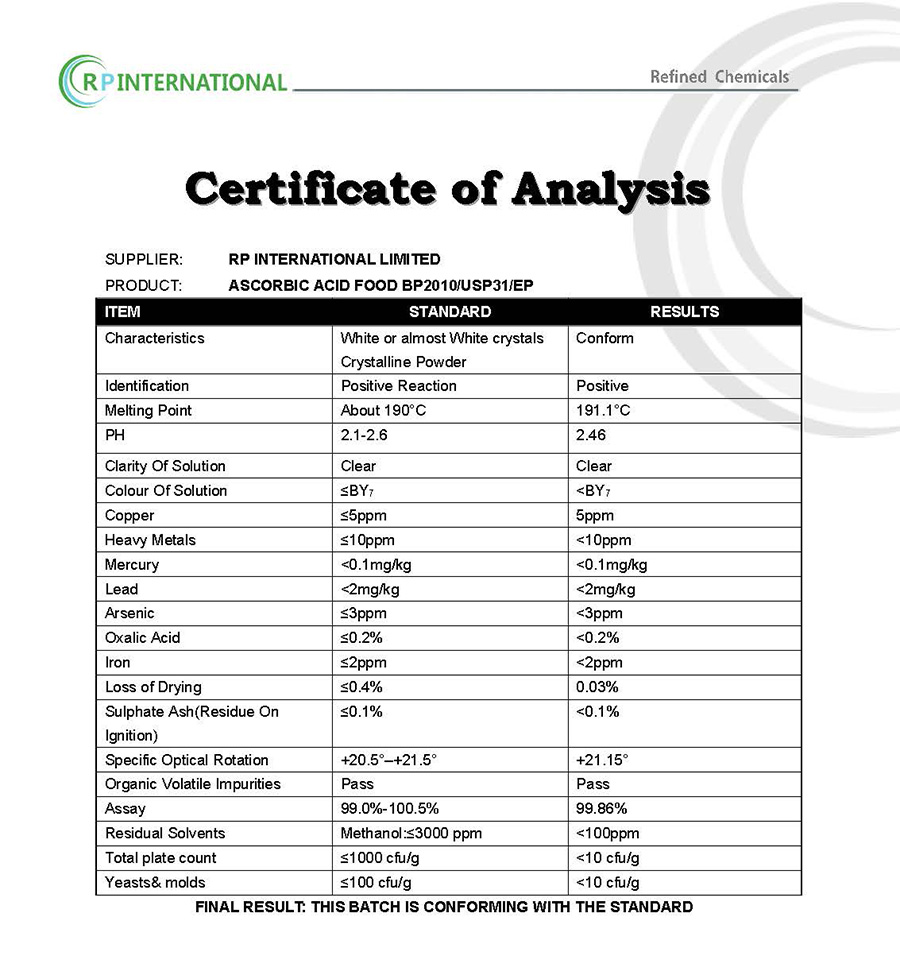 Specification Ascorbic Acid