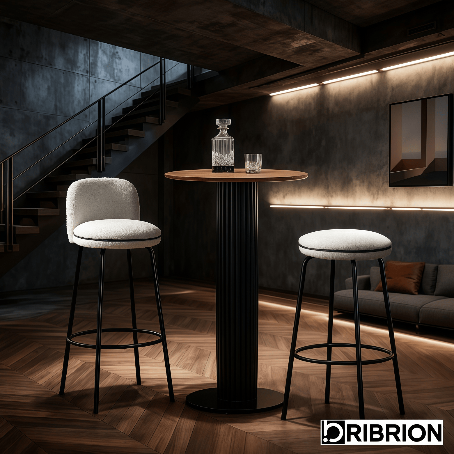 Modern Round Wood Bar Table with White Faux Fur Stools Set Modern Round Wood Bar Table with White Faux Fur Stools Set 