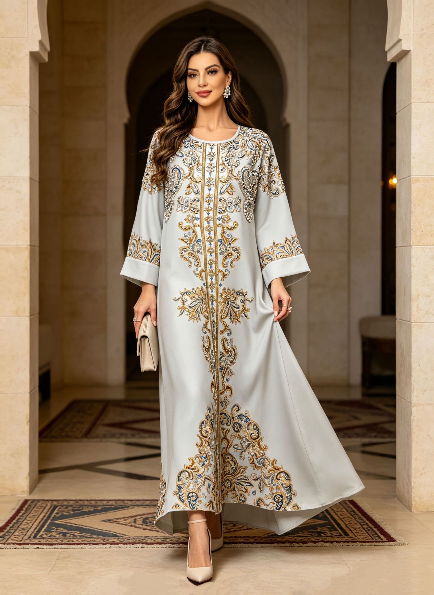 Grey Printed Abaya Dress with Crystal Embellishment Detail Grey Printed Abaya Dress with Crystal Embellishment Detail