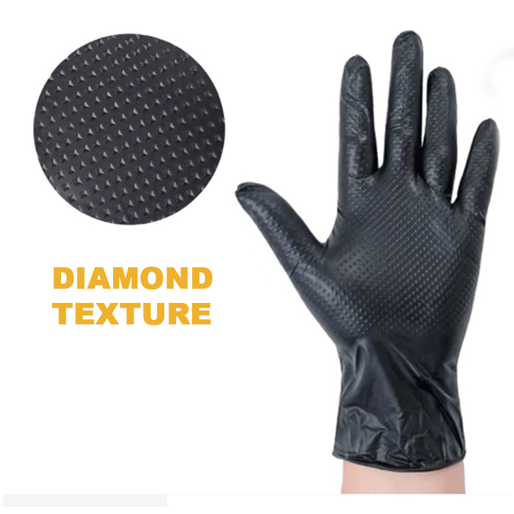 Wholesale Waterproof Thickened Powder Free Food Grade Black Orange Diamond Grip Nitrile Gloves4