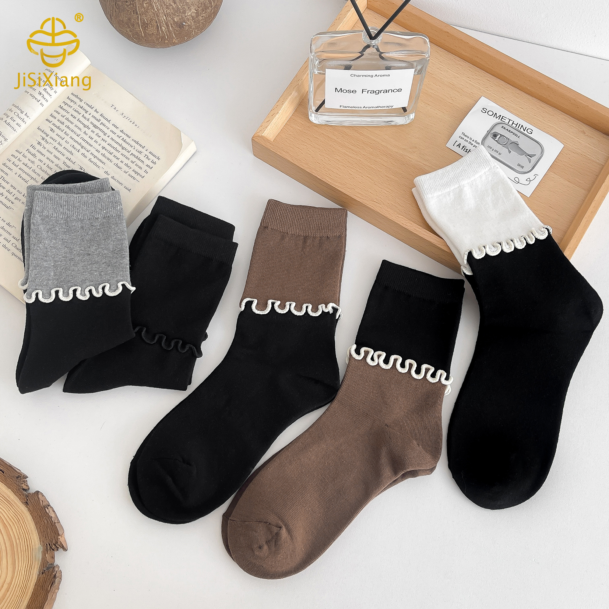 version of contrasting colored socks with black fungus edges and stacked sock version of contrasting colored socks with black fungus edges and stacked sock