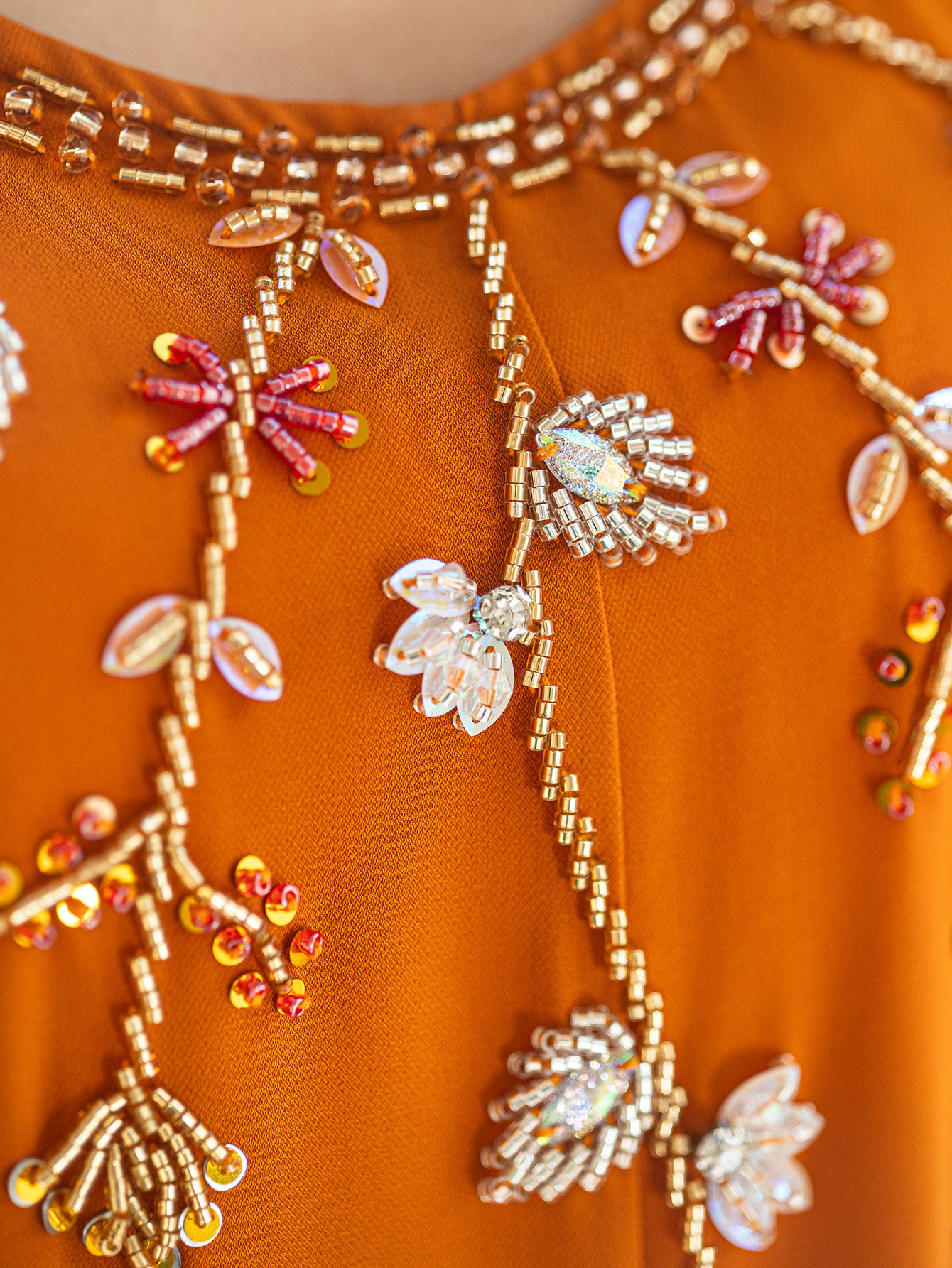 Hand Beaded Orange Linen Abaya Dress Craft Detail Hand Beaded Orange Linen Abaya Dress Craft Detail