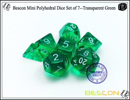 Juego de dados Bescon Mini Polyhedral 7 - Transparente Green-6 Bescon Mini Polyhedral Dice Set of 7--Transparent Green-6