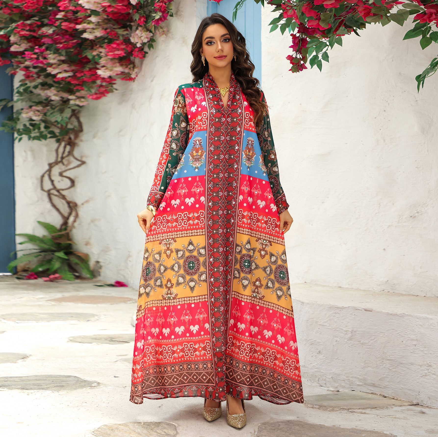 Ethnic Print Rhinestone Batwing Maxi Dress (16) Colorful Ethnic Print Rhinestone Batwing Modest Maxi Dress
