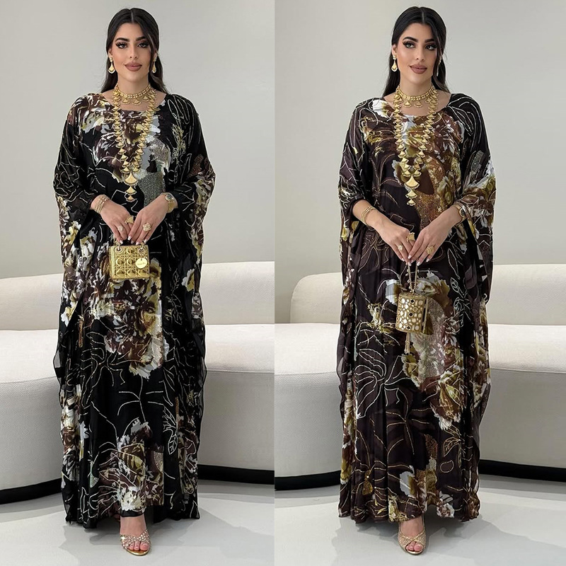 Printed Chiffon Rhinestone Abaya Detail Printed Chiffon Rhinestone Abaya Detail