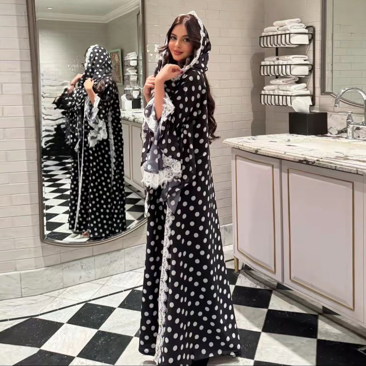 Black Polka Dot Lace Trim Open Abaya Set Detail 2 Black Polka Dot Lace Abaya Detail 2
