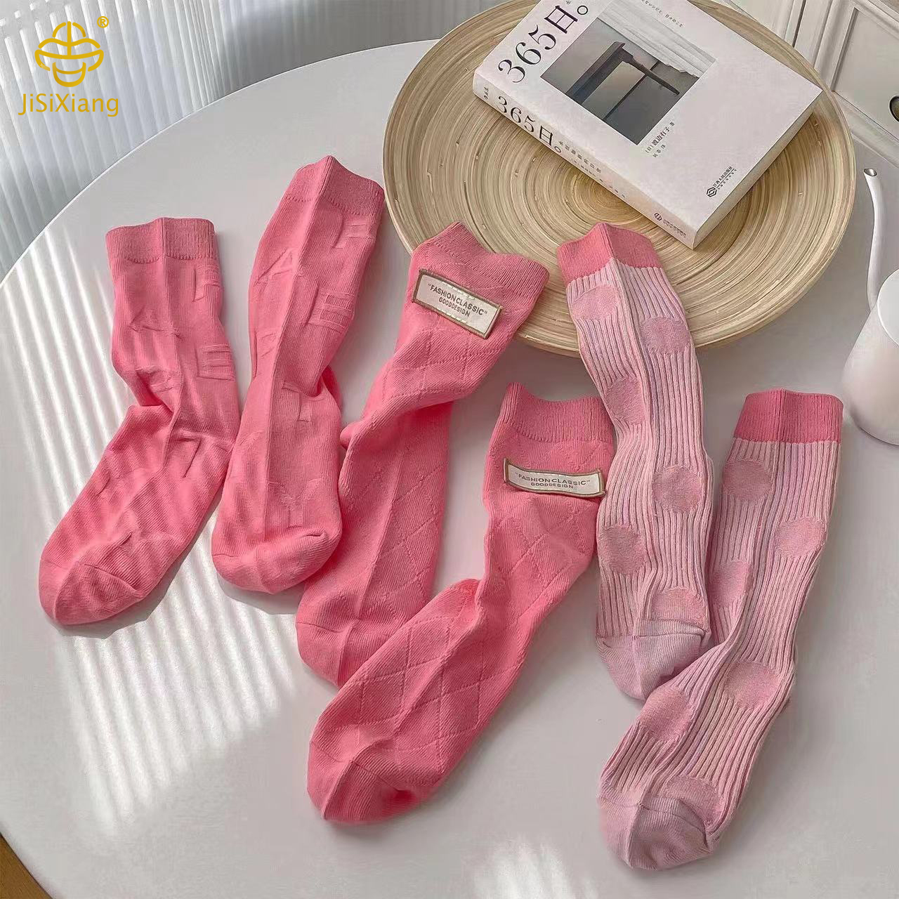Korean Pink Mid Socks Handmade Label Sports Sock Korean Pink Mid Socks Handmade Label Sports Sock
