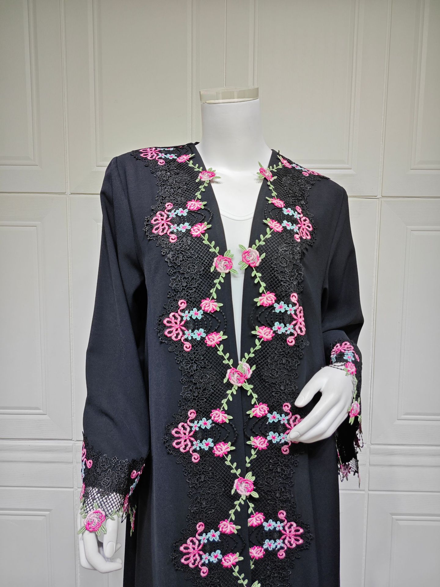 Floral Embroidered Lace Open Front Abaya Floral Embroidered Lace Open Front Abaya