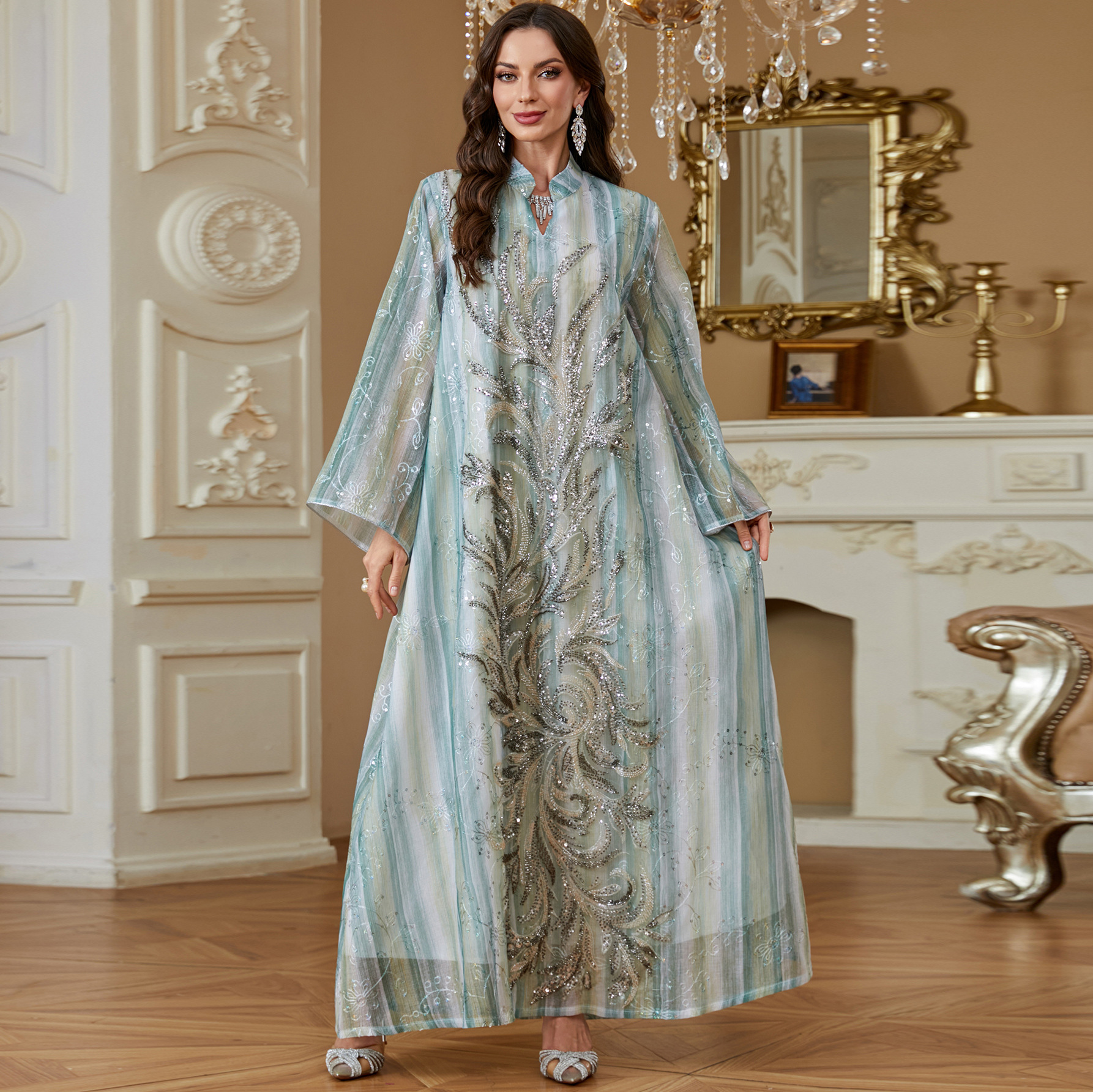 Green Embroidered Mesh Abaya Detail View Green Embroidered Mesh Abaya Detail View
