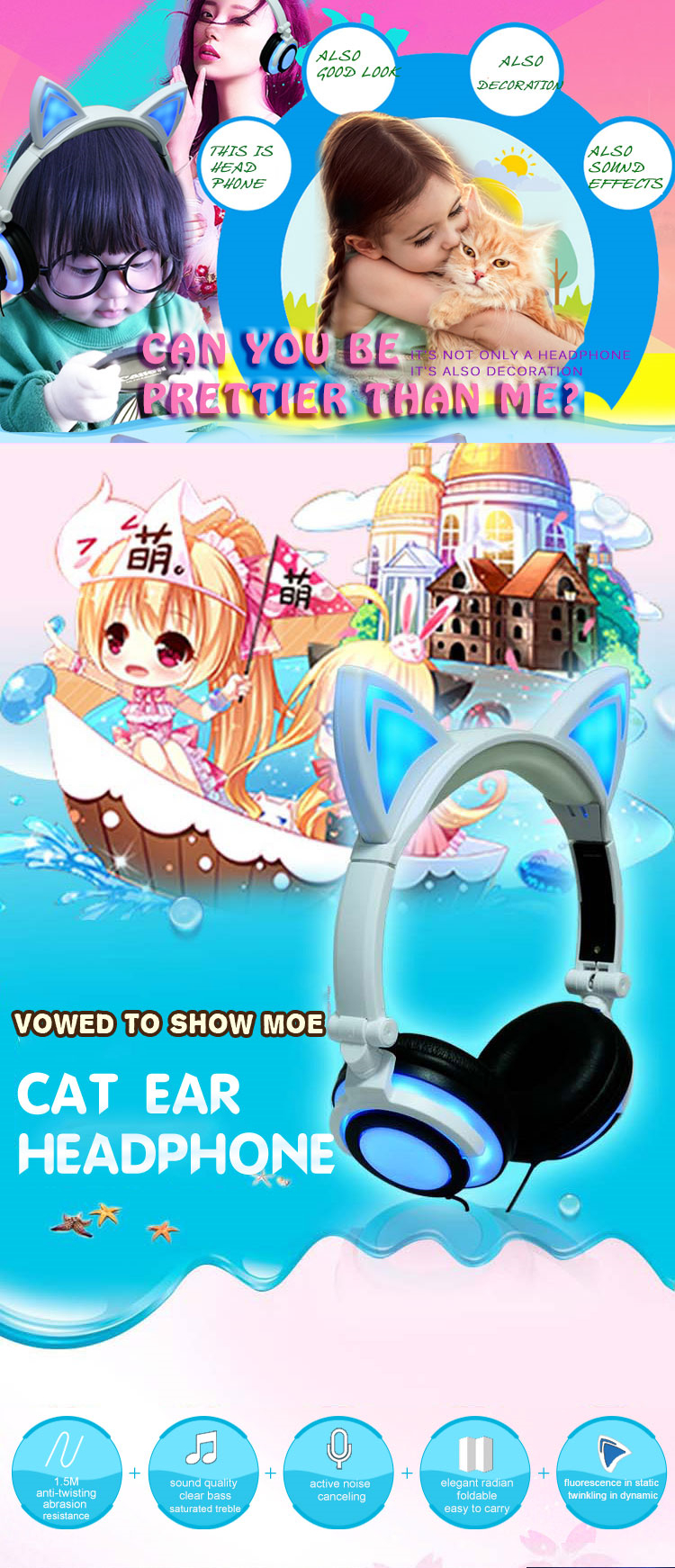 chargeable glowing cute cat ear headphone 
